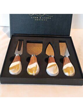 Lynn & Liana Designs Cheese Knife Set Wood Resin Handle Gold Glitter- NEW in Box